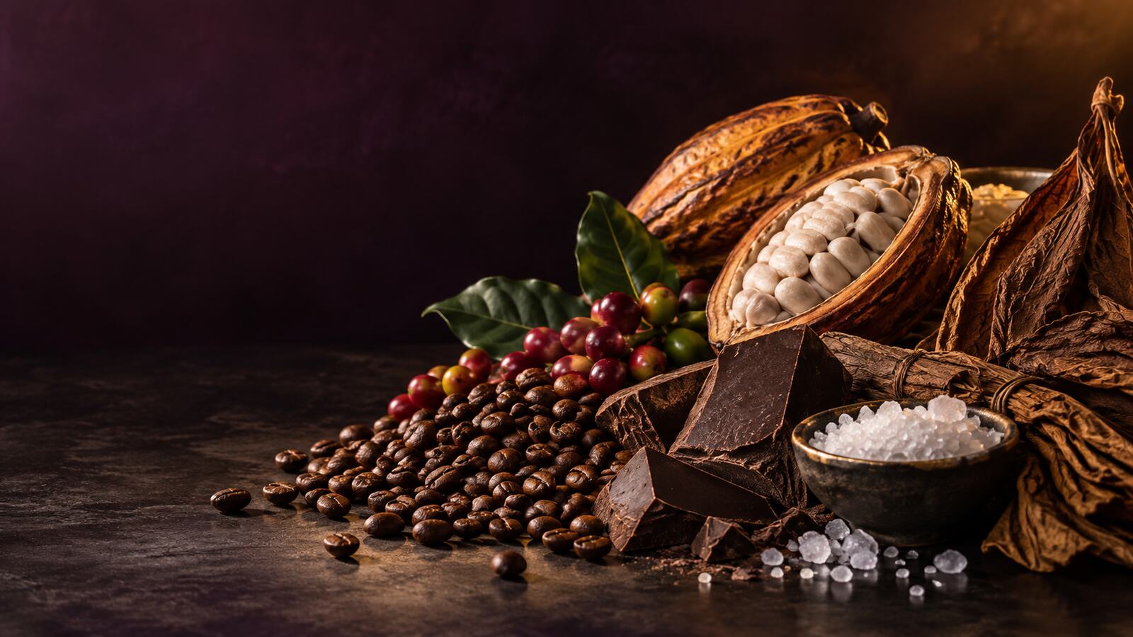 Café, cacao, chocolate, sal marina y tabaco